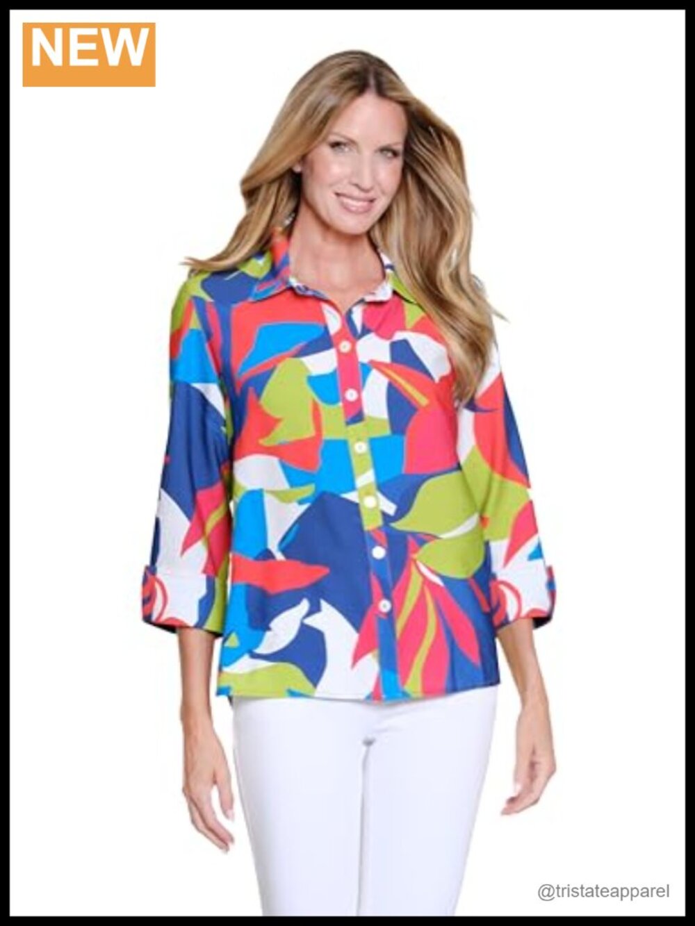 Multiples Turn-Up 3/4 Sleeve Button Front Hi-Lo Blouse